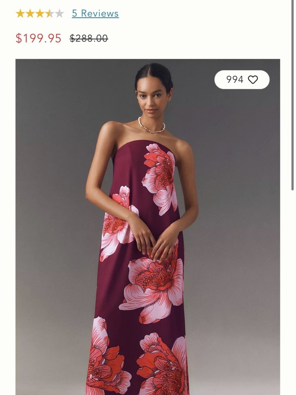 NWT Anthropologie BHLDN Strapless Floral Column Maxi Dress